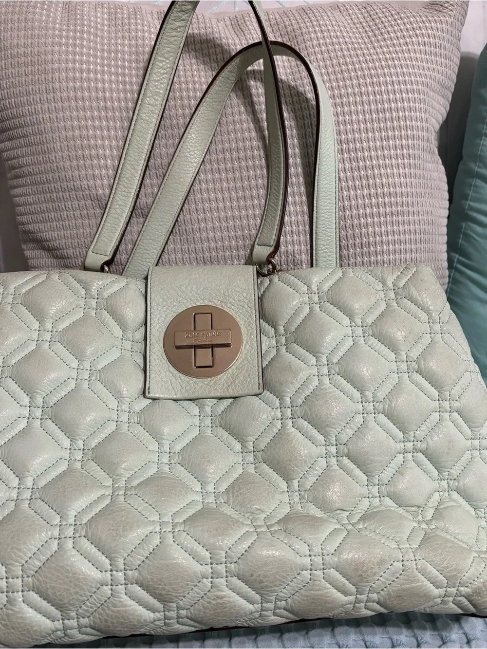 Kate Spade Quilted Mint Green Leather Tote with Turn-Lock